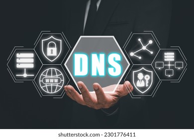 DNS, Domain name System server concept, Person hand holding domain name system server icon on virtual screen, Mixed media.