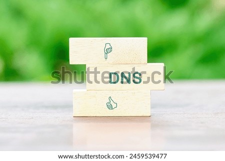 DNS Domain Name System Server Decentralized naming system for computers, devices, services, other resources on wooden blocks in front of a green background of green leaves out of focus