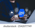 DNS domain name system and web server network system concept. A person uses a laptop, with DNS and web network icons representing domain name system, cybersecurity, and global internet connections.