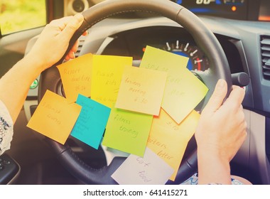 To Do List In A Car On Driving Wheel - Busy Day Concept, Retro Toned
