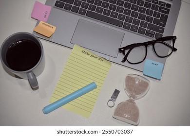 To do list concept, glasses, laptop, sand clock, sticky notes, coffee  - Powered by Shutterstock