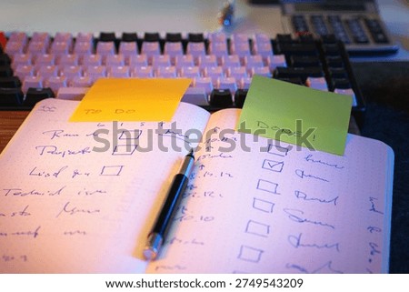 To do list notebook checklist task progress planning. Handwritten task list productivity workflow organization sticky notes planning routine efficiency concept