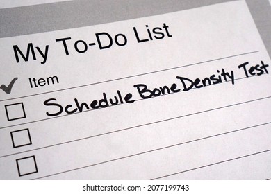 To do list reminder to schedule bone density test. May is National Osteoporosis Awareness Month.                              