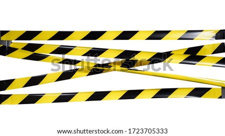 Do Not Cross criminal area from yellow and black warning police strip line isolated on white background. Caution lines. Danger and risk tape. Industrial protection sticky tape. Set small signs