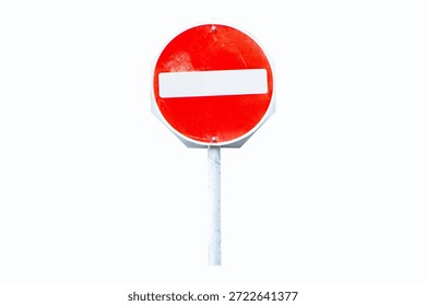 Do Not Enter or no entry sign made of symbol red circle shape aluminum, red. Rules for road. Isolated on white background. Regulatory signs for vehicular traffic sign. 