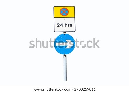 Do Not Enter or no entry blue and red cross aluminum square yellow and letters 24 hrs on white sign with circle arrow signs isolated on white background. Regulatory signs for vehicular traffic sign.