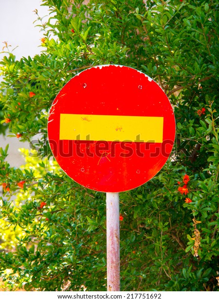 do not enter traffic sign one way\
street, caution, a flowering pomegranate tree\
behind