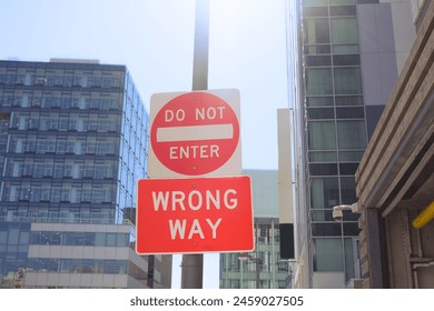 do not enter and wrong way road signs in the city