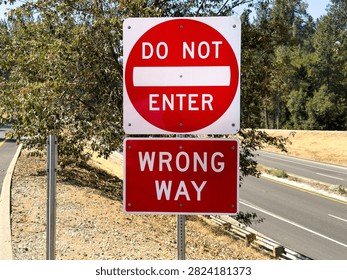 Do Not Enter And Wrong Way Traffic Signs Near Highway Ramp