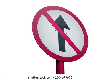 Do Not Go Straight Traffic Sign, Close Up Of Black Arrow In Red Circle Sign For Don't Drive Pass. Isolated Traffic Sign On White Background.