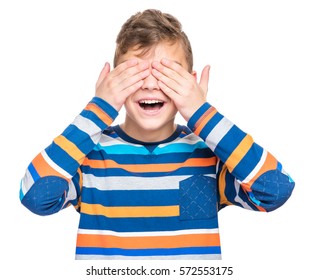 I Do Not See, Do Not Speak, Can Not Hear Anything - Close Up Emotional Portrait Of Caucasian Teen Boy 12-14 Year Old. Handsome Teenager, Isolated On White Background.