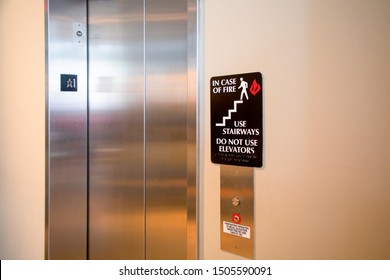 Do Not Use Elevator In Case Of Fire Sign Beside The Elevator. Safety Concept.