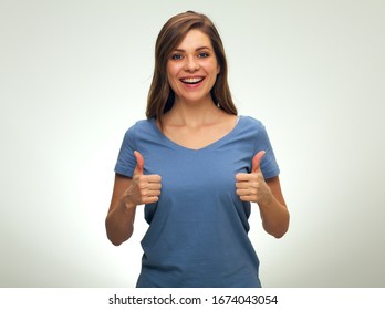 Do Not Worry, It Will Be Good With Smiling Woman Doing Thumb Up. Isolated Female Portrait.