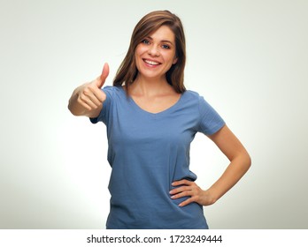 Do Not Worry, It Will Be Good With Smiling Woman Doing Thumb Up. Isolated Female Portrait.