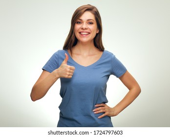 Do Not Worry, It Will Be Good With Smiling Woman Doing Thumb Up. Isolated Female Portrait.