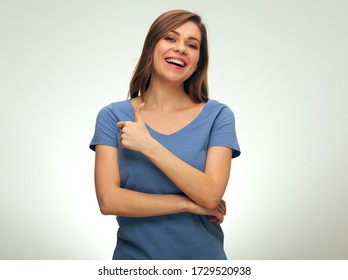 Do Not Worry, It Will Be Good With Smiling Woman Doing Thumb Up. Isolated Female Portrait.