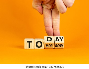 Do it today, not tomorrow. Male hand flips wooden cubes and changes the word 'tomorrow' to 'today'. Beautiful orange background, copy space. Business and tomorrow or today concept. - Shutterstock ID 1897626391