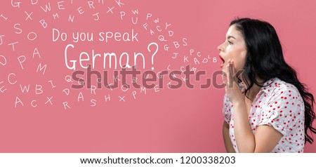 Do you speak German theme with young woman speaking on a pink background