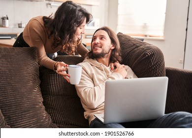 Do you want a tea. Pretty brunette woman offers tea to her lovely husband. Man sitting at the sofa and looking at his lovely wife while working at the laptop. Stock photo