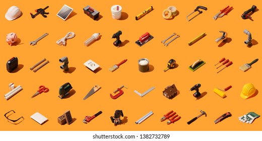Do it yourself, construction and home renovation background with isometric tools and objects