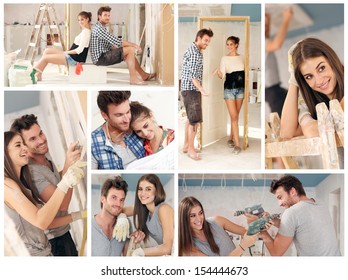 Do it yourself, happy young couple working building new home. Image mosaic.