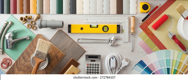 Do It Yourself, Home Renovation And Construction Concept With DIY Tools, Hardware And Swatches On Wooden Table, Top View