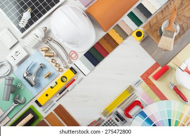 Do It Yourself, Home Renovation And Construction Concept With DIY Tools, Hardware And Swatches On Wooden Table, Top View