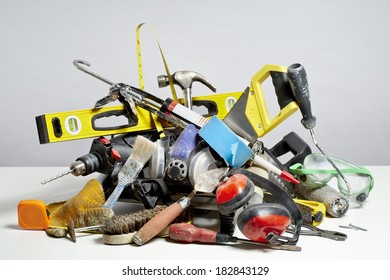 Do It Yourself Tools In Pile On White Background. Household DIY Chore Concept