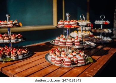 Dobele, Latvia - June 7, 2024 - Tiered trays of assorted desserts, including cakes and cupcakes, displayed on a wooden table with a dark blue background. Copy space. - Powered by Shutterstock