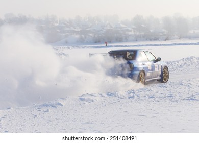 Dobryanka, Russia - February 7, 2015. Urban Ice Race.  Sport Car Racing On Snow Race Track In Winter