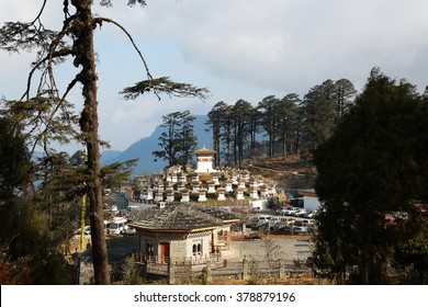 DOCHULA, THIMPHU, BHUTAN - DECEMBER 13, 2015: View Of 108 Stupas From Druk Wangyal Monastery At Dochula In Thimphu.