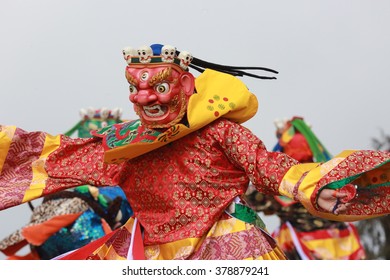 DOCHULA, THIMPHU, BHUTAN - DECEMBER 13, 2015: Wrathful Dance During Druk Wangyal Tshechu