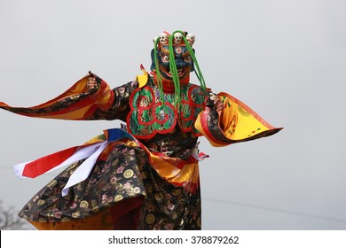 DOCHULA, THIMPHU, BHUTAN - DECEMBER 13, 2015: Wrathful Dance During Druk Wangyal Tshechu