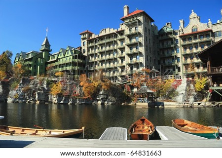 A dock full of rowboats on Mohonk Lake at the Mohonk Mountain House resort in the Shawangunk Mountains of New York