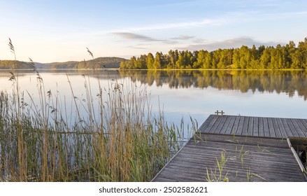 A dock is on the edge of a lake with a beautiful view of the water. The dock is wooden and has a few weeds growing around it. The scene is peaceful and serene, with the water reflecting the sky - Powered by Shutterstock