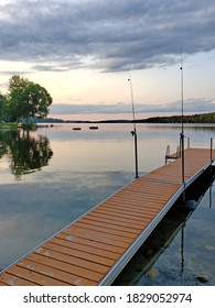 Dock Overlooking Great Pond In Belgrade Lakes, Maine. July 2019.