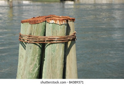 Dock pylons in a waterway during the summer