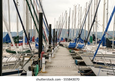 Dock With Sailboats On Lake Pepin On The Mississippi River  In Lake City, Minnesota