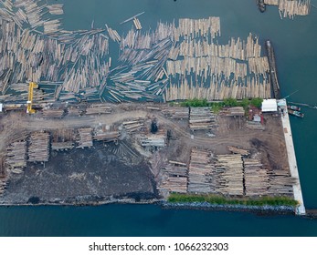 Dock Station For Tradditional Woodstock With Lot Of Wooden Prepare For Ships And Boat, Photo From Drone At Bird Eye View