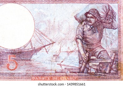 Dock Worker And Sailing Ship., Portrait From France 5 Francs 1927 Banknotes.

