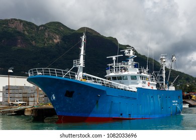 Docked Fishing Boat In The Port Of Victoria On Mahe Island, Seychelles Spring 2016