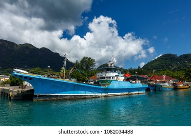 Docked Fishing Boat In The Port Of Victoria On Mahe Island, Seychelles Spring 2016