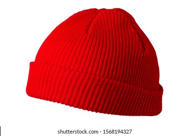 Docker knitted red hat isolated on white background. fashionable rapper hat. hat fisherman side view