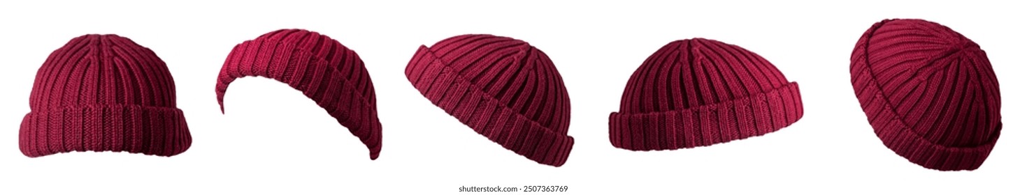 Docker knitted red hat isolated on white background. fashionable rapper hat. hat fisherman.set of five hats