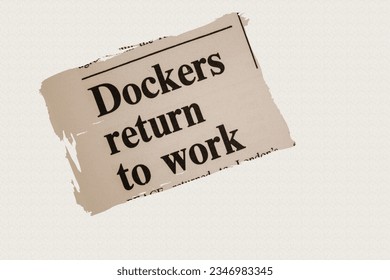 Dockers return to work - news story from 1975 newspaper headline article title in sepia