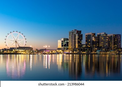 The docklands waterfront of Melbourne, Australia at night
