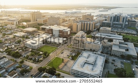 Docks, cranes, and ships form the backdrop to a sprawling medical campus, highlighting Galveston maritime economy and the strategic placement of healthcare near coastal infrastructure, Texas. USA