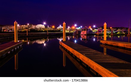 Docks In A Marina At Night, Kent Island, Maryland.