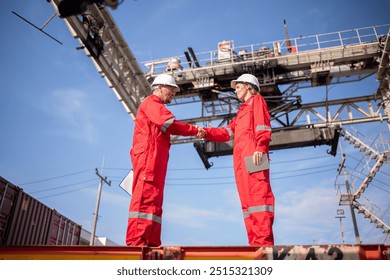 Dockworkers or engineer posing hand shake corporation large industrial crane structure holding documents  suggests inspection industrial work import export is logistic business concept. - Powered by Shutterstock