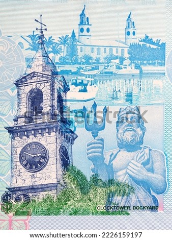 Dockyard Clock Tower and statue of Neptune from Bermudian money - dollar